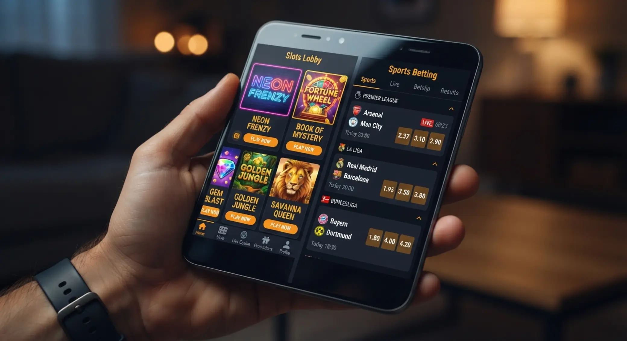 Smartfon z lobby slotów i sekcją zakładów sportowych