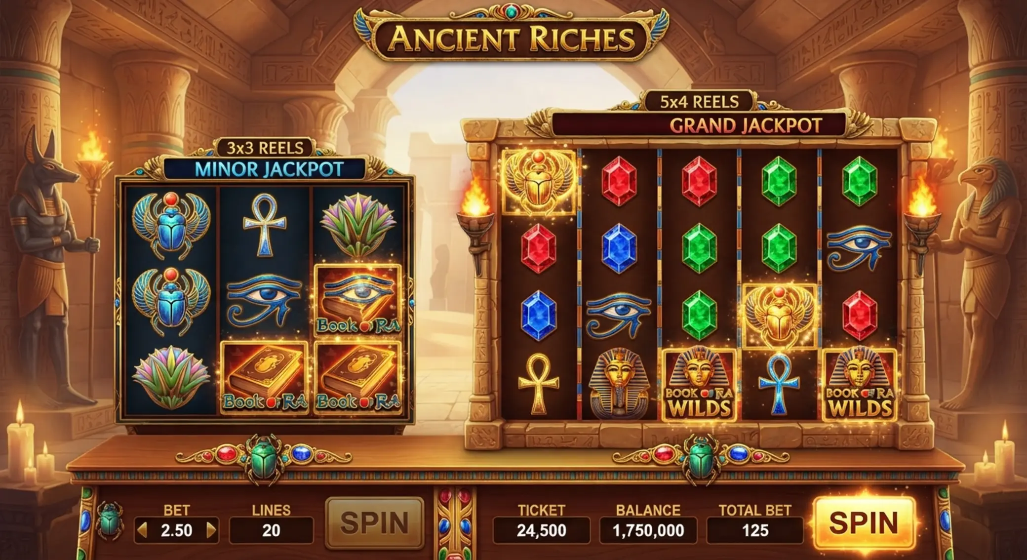 Dwa zestawy bębnów symbolizujące układ Book of Ra 10