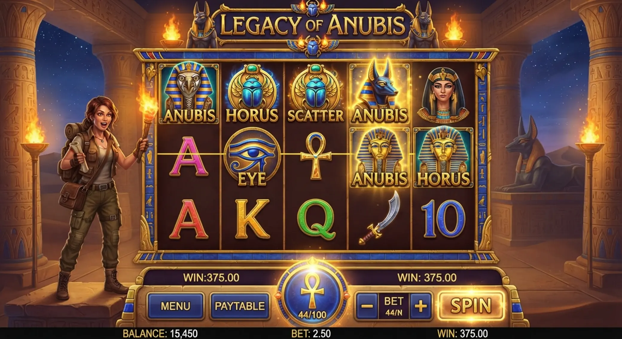 Ekran slotu Book of Ra Deluxe Ekran gry Book of Ra Deluxe z bębnami i egipskim tłem