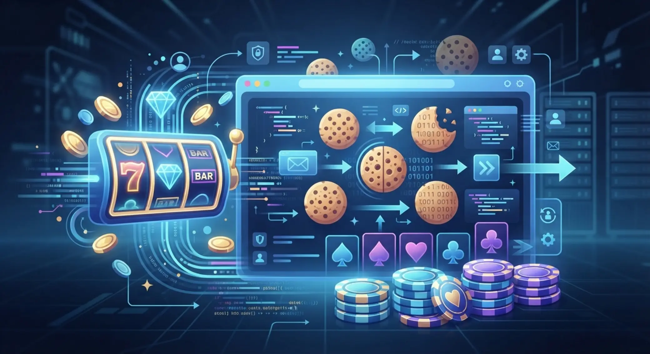 Ilustracja plików cookies na tle motywu kasyna online