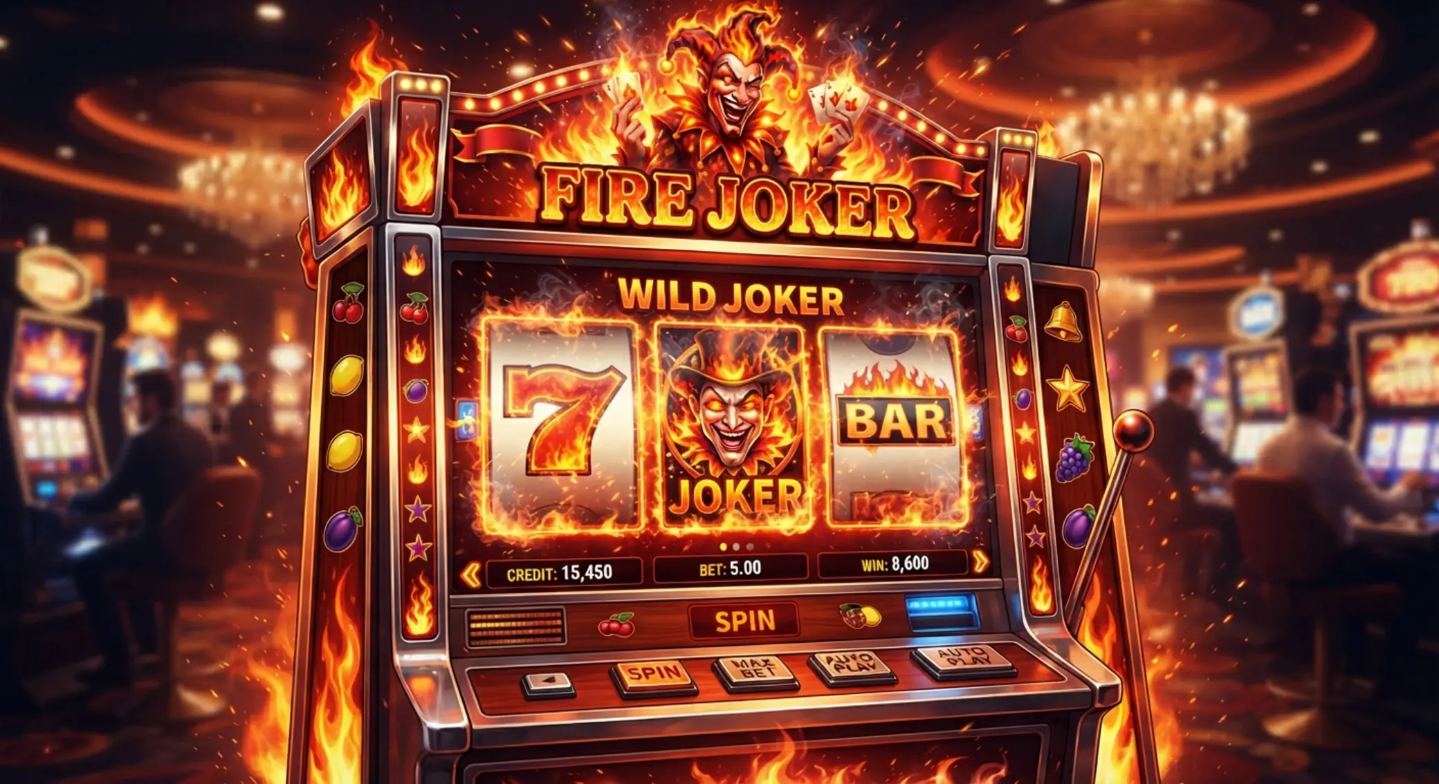 Ilustracja slota Fire Joker z jokerem i płonącymi bębnami