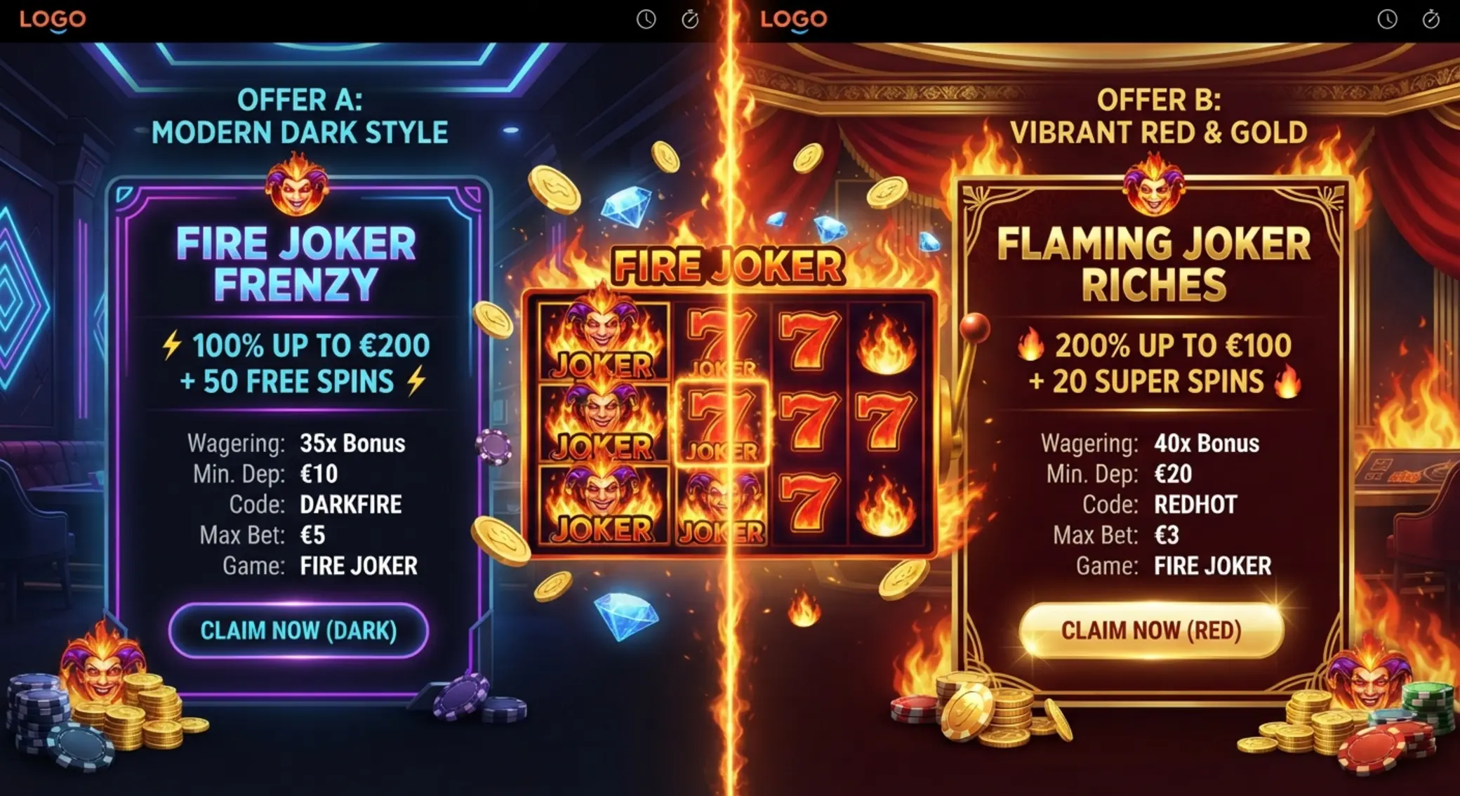 Grafika porównująca dwie oferty free spins na Fire Joker