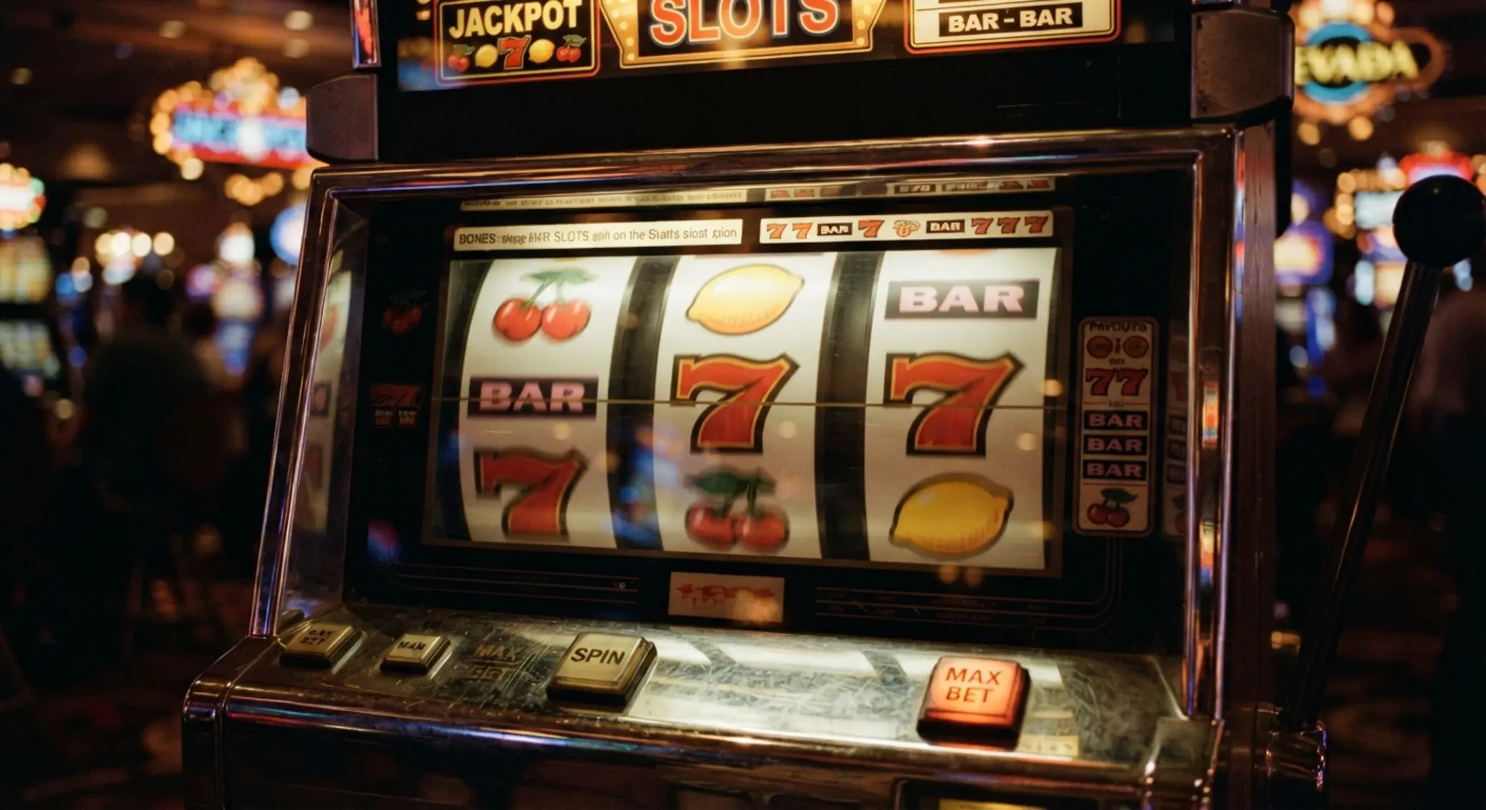 Zbliżenie na bębny automatu 777 z owocami, BAR i siódemkami