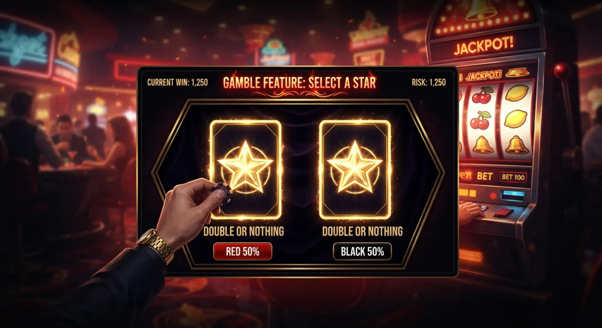 Funkcja Gamble w Sizzling 777 Deluxe Wizualizacja funkcji Gamble z wyborem 50 na 50