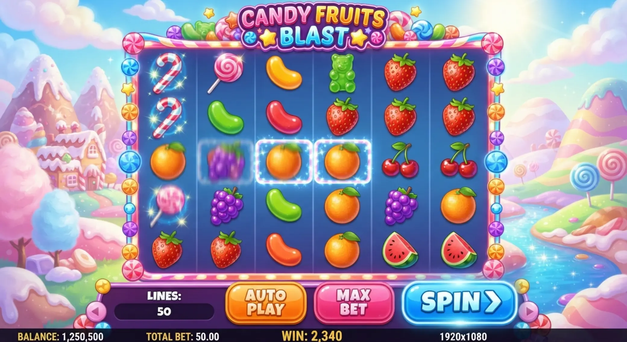 Plansza 6x5 z owocami i cukierkami w slocie Sweet Bonanza 1000