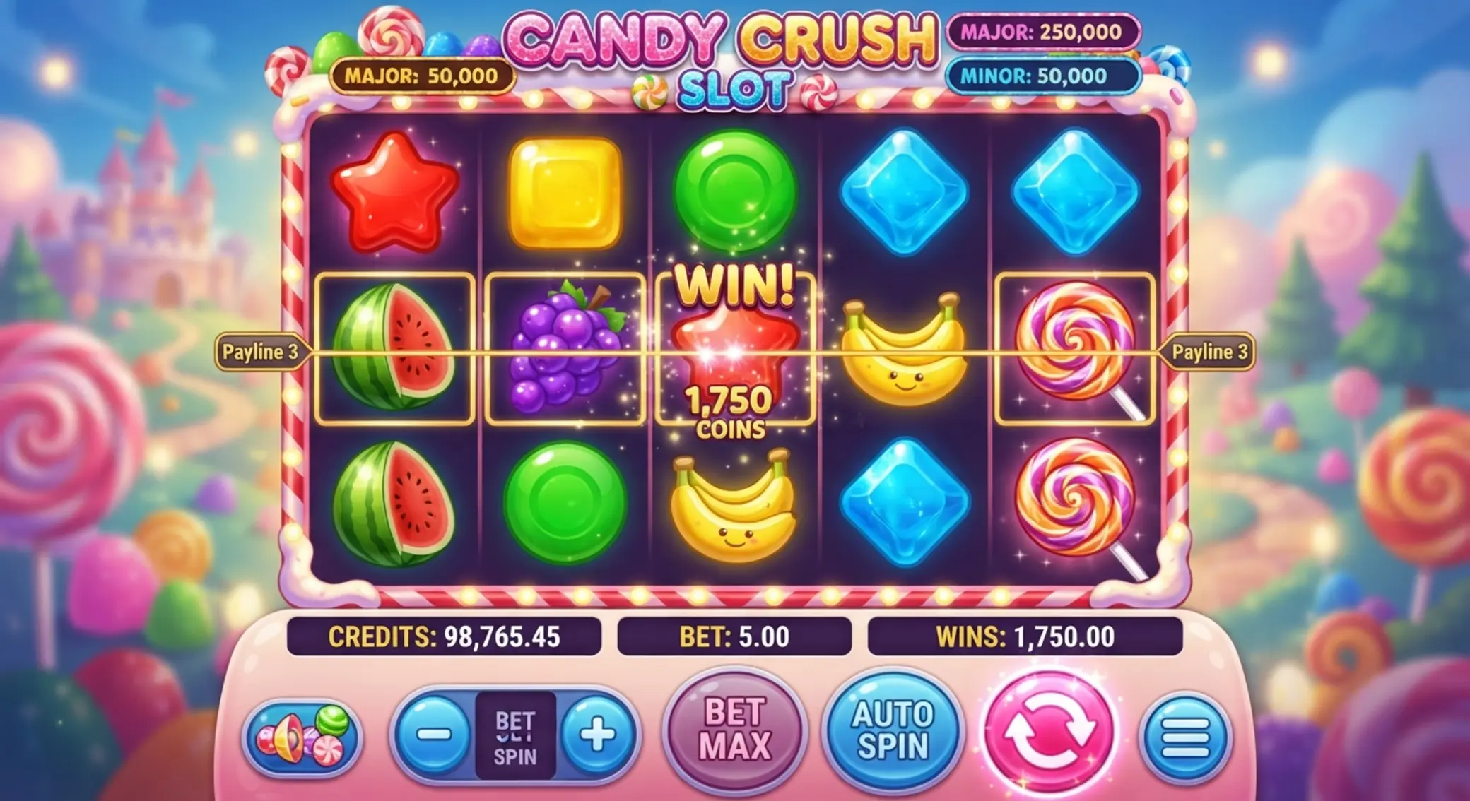 Ekran gry Sweet Bonanza z kolorowymi symbolami