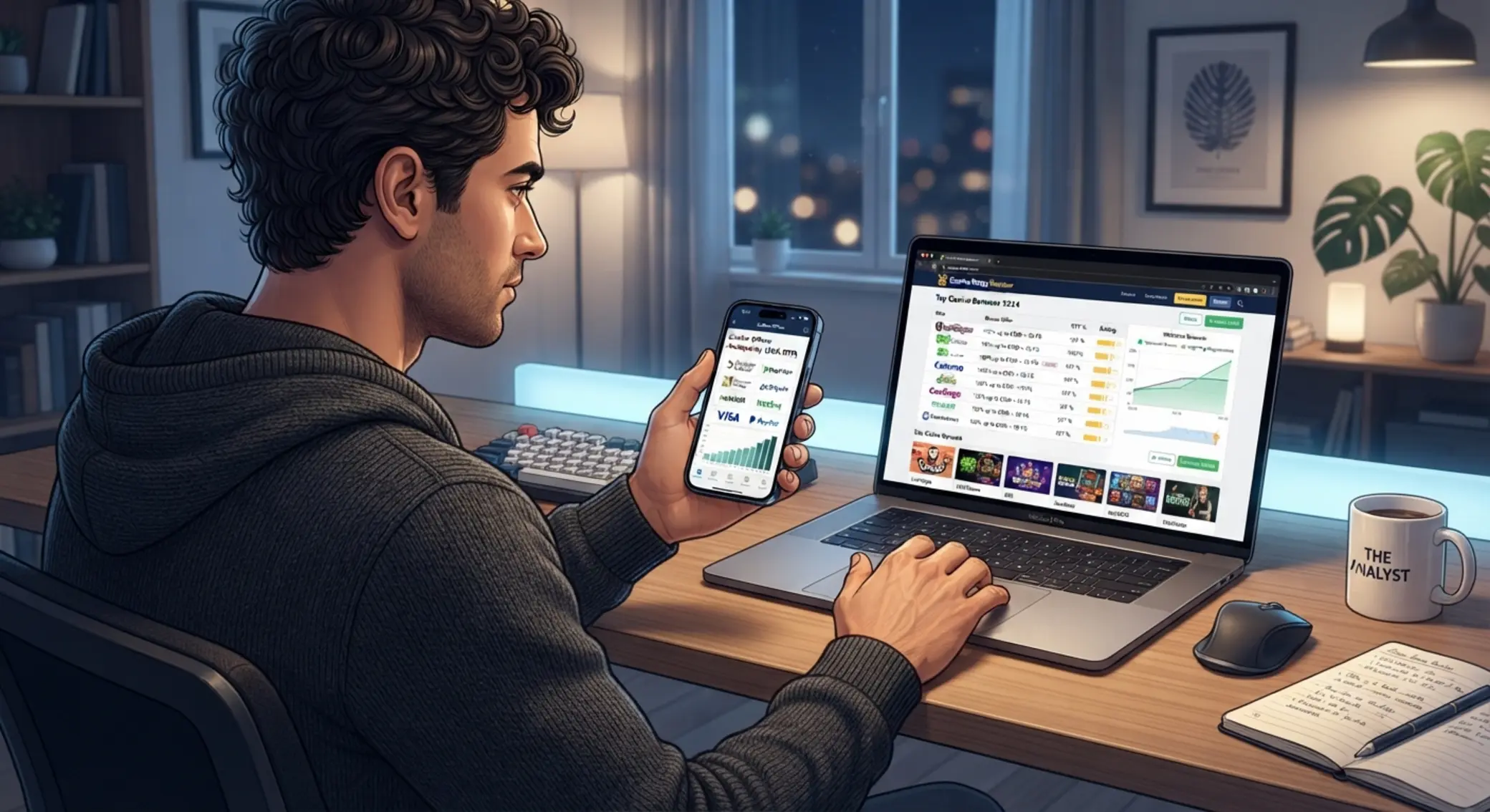 Gracz porównuje oferty kasyn online na laptopie i telefonie