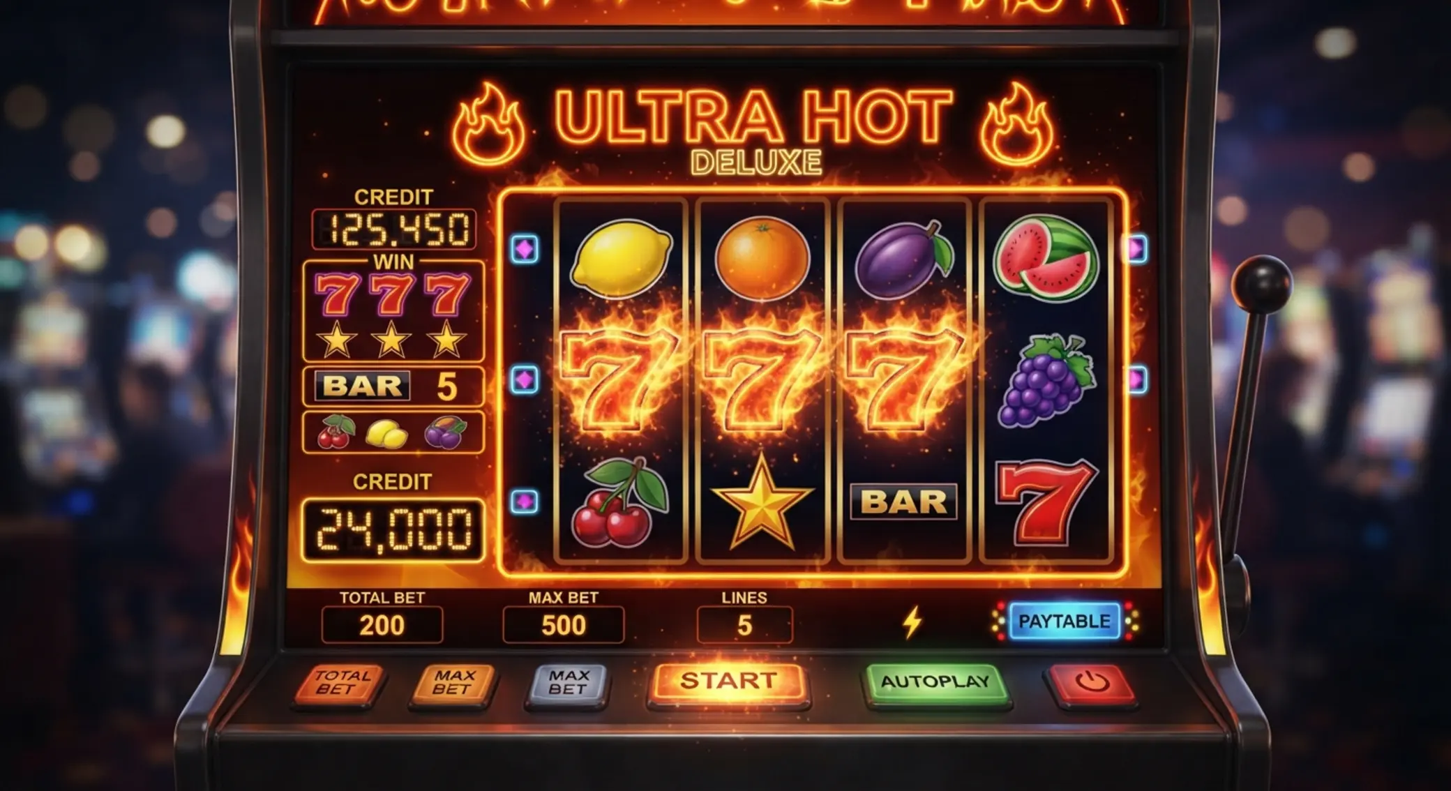 Ekran gry Ultra Hot Deluxe z owocami, BAR i siódemkami 777